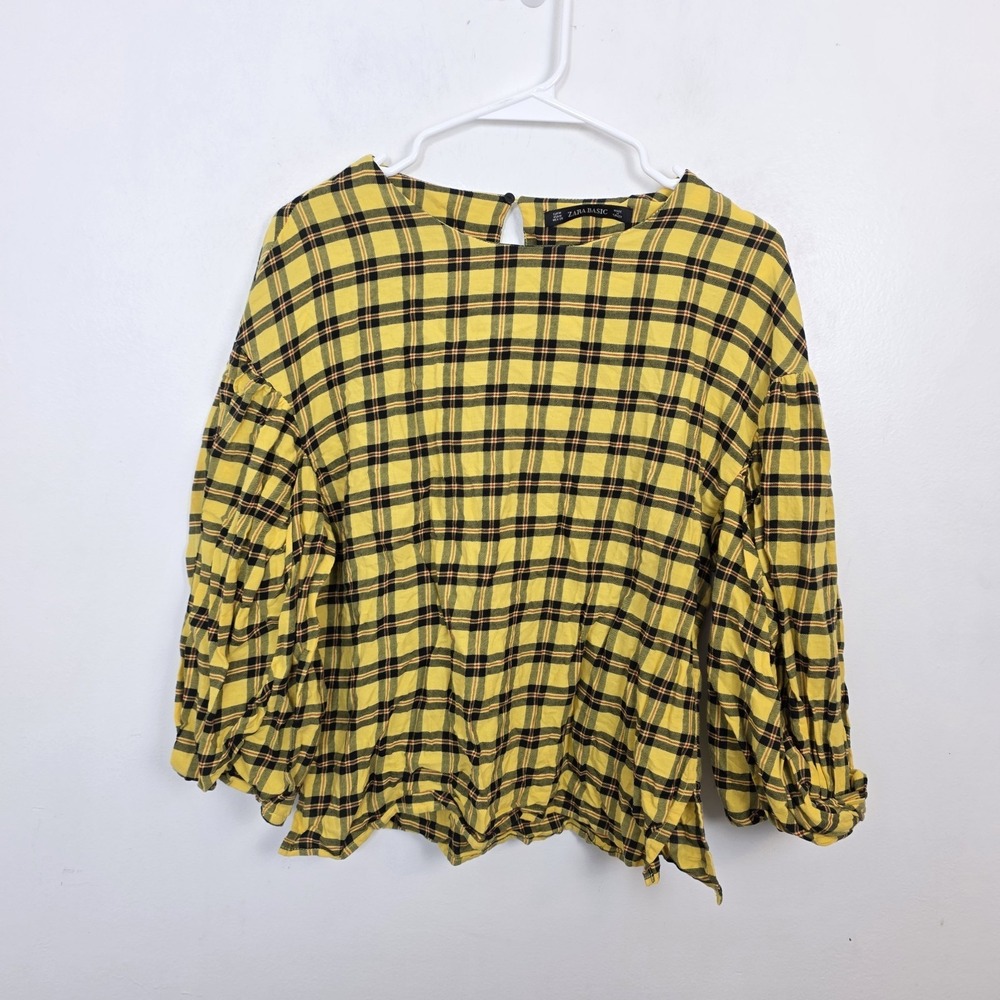 Zara‎ Yellow Black Checked 3/4 Puff Sleeve Preppy Clueless Blouse Size Medium - Picture 3 of 7